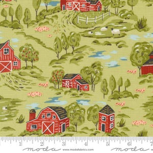 Gehöft Birdie Vintage Bauernhof Szene Landschaft Celery, Stacey Iest Hsu, Verkauft in 1/2 Yard Schritten, Moda Fabrics, 20901 17