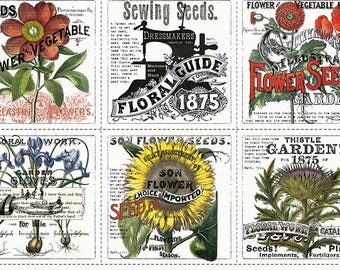 Sewing Seeds III Garden patchpaneel van J Wecker Frisch, gedrukte vintage bloementekst naaimachinepaneel, PD 15681, Riley Blake Designs