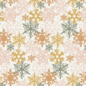 May include: A repeating pattern of snowflakes in shades of gold, orange, and gray on a cream-colored background. The snowflakes have a textured, distressed appearance, creating a vintage or rustic aesthetic. The design is suitable for winter-themed products.