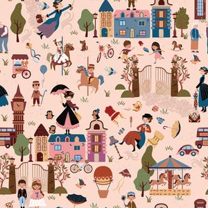 May include: A whimsical, repeating pattern featuring a light pink background with illustrations of Victorian-era figures, buildings, and various objects. The design includes people, houses, trees, a carousel, and a hot air balloon.