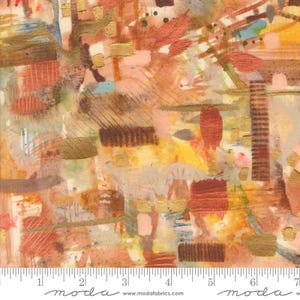 May include: Abstract fabric with a painterly design. The fabric features a mix of colours including orange, yellow, brown, and gold. The design includes brushstrokes, rectangles, and other shapes. The fabric has a ruler along the bottom with the word "moda".