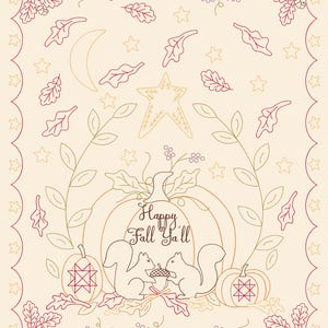 May include: A cream-colored illustration with a fall theme. It features a pumpkin, squirrels, leaves, stars, and the text "Happy Fall Y'all." The design is outlined in brown and red, with a decorative border.