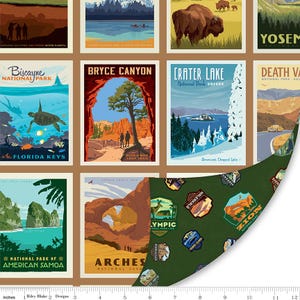 May include: Fabric featuring vintage-style travel posters of U.S. National Parks. Posters include images of Bryce Canyon, Crater Lake, and Arches National Park. A green fabric with park badges is also visible.