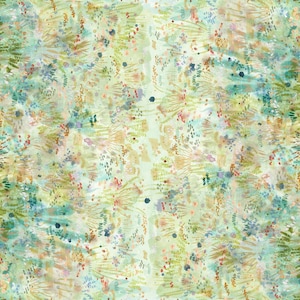 May include: A textile with a vibrant floral design. The pattern incorporates shades of green, blue, yellow, and peach, resembling a watercolour painting. Small floral details are spread across the fabric, giving it a natural, artistic appearance.