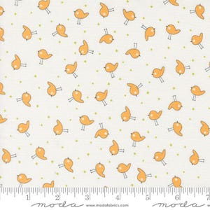 May include: White fabric with a repeating pattern of orange birds. The birds are stylized and have a simple design. The fabric is perfect for quilting, sewing, and crafting.