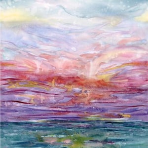 May include: Watercolor painting of a sunset over the ocean. The sky transitions from light blue to pink, red, and purple hues. The ocean is a deep teal color with hints of green.