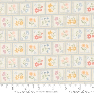 Cottage Charm Yardage Sweet Flower Stamps Powder Blue, Heather Briggs My Sew Quilty Life, Sold in 1/2 yard increments, Moda Fabrics 31751 21