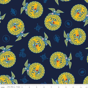 May include: A navy blue fabric with a repeating pattern of yellow and blue FFA logos. The logos feature an eagle, the words "Agricultural Education", and "FFA" in a circle.