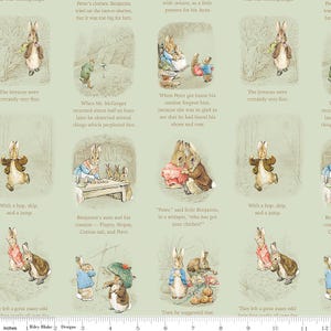 May include: A fabric panel featuring illustrations from a children's story. The images depict rabbits in various scenes, with text excerpts from the story. The color palette includes soft greens, browns, and creams, creating a vintage aesthetic.