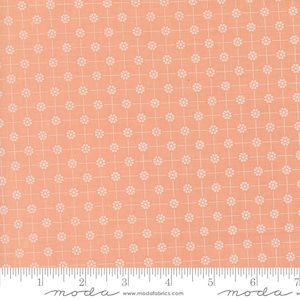 May include: Peach-coloured fabric with a white grid pattern and small white floral designs. The fabric is measured in inches with a ruler.