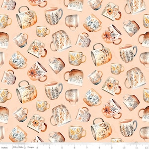 May include: A repeating pattern of watercolor mugs in various sizes and designs. The mugs feature floral and leaf motifs in shades of orange, brown, and blue. The background is a light peach color. The image includes the text "Riley Blake Designs".