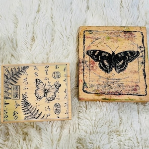 Vintage butterfly Hero or Hampton Arts rubber stamps: Asian collage or renaissance script