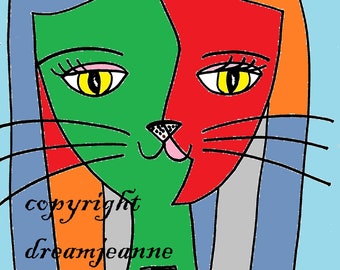 Printable cat lady, cat girl, mom, Picasso look, childs room, abstract, anime, childlike, fauvism, cubism cute, for girl, jpg, instant art