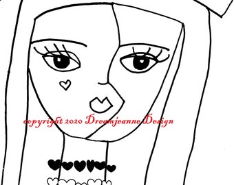 Heart face paint girl, draw clip art, modern, line drawing,printable, clip art,graduation  card, coloring page, digi stamp,abstract face.