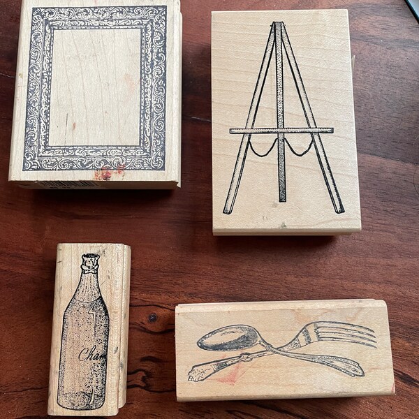 Valentine’s Day gift for stamper Parisian artists vintage  rubber stamp set champagne bottle, frame, easel, silver spoon and fork stamps