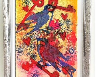 Blue Swallows & Key Art Print, Romantic Victorian Illustration
