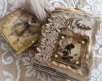 Vintage style "Fairy book", handmade art raw natural linen and lace junk journal, vintage diary grungy art book, gift, shabby chic