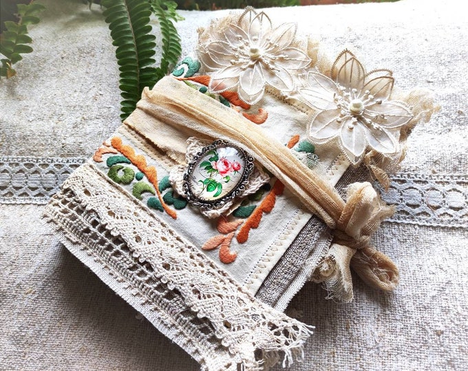 Art Linen and Lace Book, Handmade Raw Junk Journal, Vintage Diary