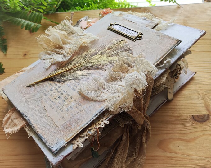 Handmade Raw Lace and Linen Art Book fantasy, Junk Journal, Vintage