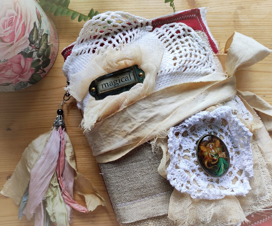 Handmade Raw Lace and Linen Art Book magical, Junk Journal, Vintage