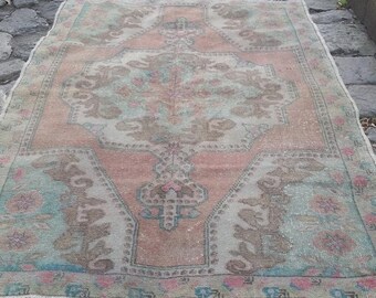 Pink Oushak Rug: 7x4.7 ft Vintage Turkish Wool Rug