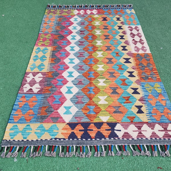 Afghan Maimana Kilim Rug, 4 ft 9 in x 3 ft 1 in, Red Blue and Off-White Turkish Kilim Rug Handmade from Natural Wool