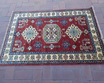 Vintage Kazak Rug: 4x3 Beige, Green, Brown Geometric Wool Rug