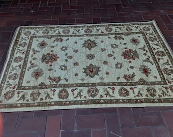 Vintage Turkish Oushak Rug, Handmade Wool, Beige, Green, and Grey (180x120 cms)