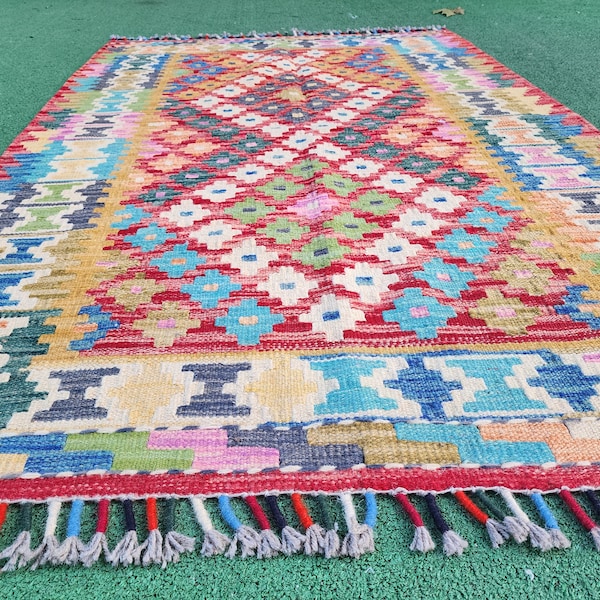 Afghan Maimana Kilim Rug, 4 ft 8 in x 3 ft 3 in, Blue, Red and Off-White Turkish Kilim Rug Handmade from Natural Wool