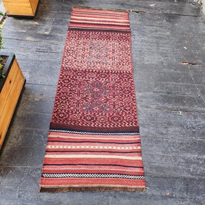 Vintage Persian Kilim Runner Rug, 6 ft 7 in x  2 ft 3 in, Pink, Red, and Off-White Vintage Turkish Rug Handmade from Natural Wool