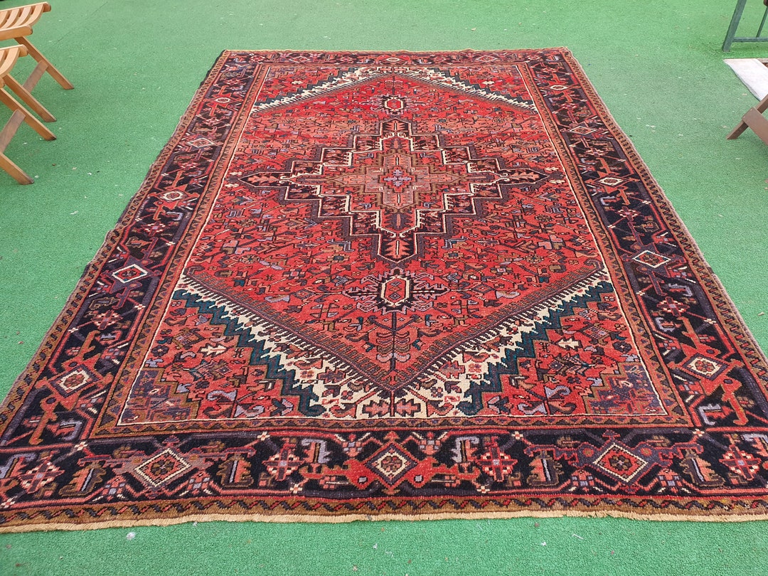 Persian Area Rug 9 X 7 Ft, Red Blue and White Vintage Tribal Nomadic