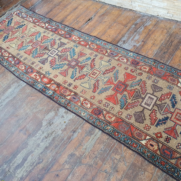 Antique Persian Hallway Rug 9 x 3 ft, Red Blue White Oriental Organic Wool Recycled Runner Rug, Bohemian Rustic Decor Vintage Oriental Rug