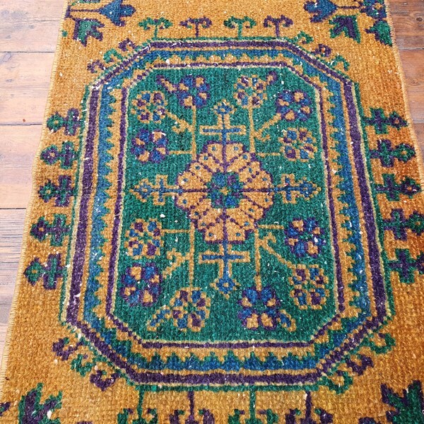 Small Turkish Rug, 4 x 2 ft Distressed Apricot Teal Entryway Door Mat, Overdyed, Handmade Natural Wool Boho Rustic Decor Persian Area Rug