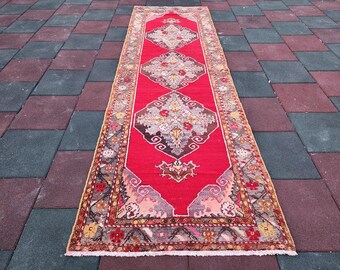 Handmade Turkish Hallway Runner Rug: 11 ft, Red Medallion Wool Entryway Rug