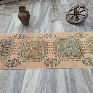 Vintage Turkish Oushak Runner Rug | Handwoven Wool Hallway Carpet | Authentic Anatolian Rug  | 11&#39;2&#39;&#39; x 2&#39;5&#39;&#39;