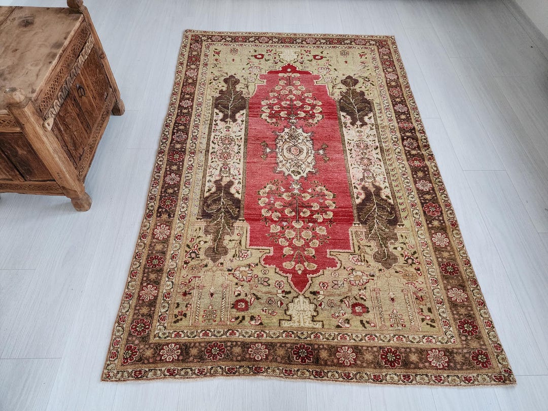 Antique Turkish Rug, 6 Ft 7 in X 4 Ft 4 In, Red, Green and White ...