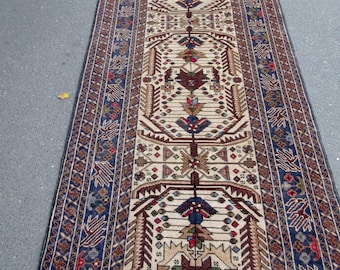 Vintage Baluchi Hallway Runner Rug, Brown Beige Blue Wool, 12 ft 6 in