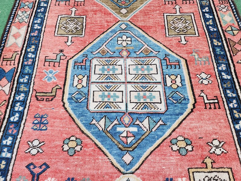 Antique Caucasian Hallway Long Rug 13 X 3 Ft Pink, Blue and Brown