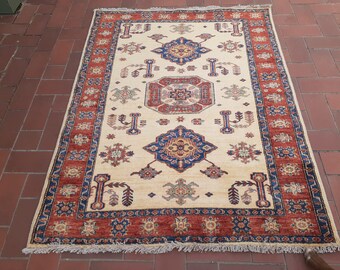 Handmade Caucasian Kazak Rug: 5x3 Beige, Red, Green Wool Rug