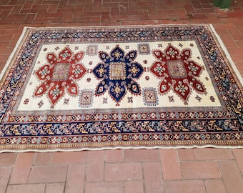 Vintage Caucasian Sirvan Rug: 6x5 ft, Geometric Wool Medallion