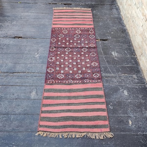 Vintage Persian Kilim Runner Rug, 6 ft 2 in x  2 ft, Red, Pink and Blue Vintage Turkish Rug Handmade from Natural Wool