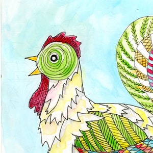 Hen Strut Original Ink and Watercolor painting Chicken Folk Art