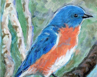 Sir Bluebird Original Painting Acrylic on canvas board nature Art Blue bird realistic animal wildlife