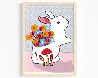 Woodland White Rabbit with Flowers Wall Art print 8X10, 11X14", 16X20", 18X24", 24X36" Bright Original Art