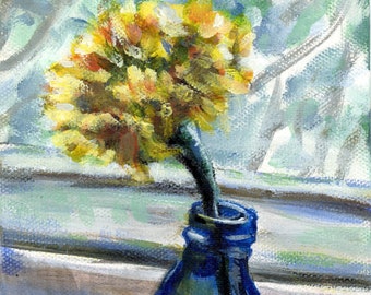 Original 5x7" acrylic painting "Marigold in Vase" impressionist yellow flower portrait Jennifer Jerrytone floral art wall candy