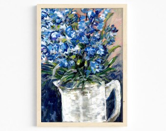 Delphiniums in Vase Still life Wall Art Poster 8X10", 11X14", 16X20", 18X24", 24X36", impressionist art  fine art