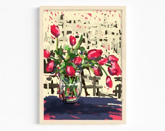 Pink Tulips in Vase Original Art Print Flower Painting Floral Still life Poster