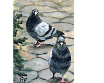 Pigeons de la ville de New York #1 Original peinture acrylique 5 x 7 Jennifer Jerrytone grande ville Portrait oiseau peinture art art de la ville