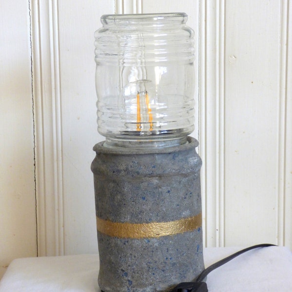Blue Flecks Concrete Lamp with Gold Stripe and Jelly Jar Vintage Style Glass Shade Modern Industrial