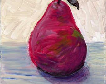 Pear still life painting, original kitchen art,6X6 inch, hardboard, fruit art, impressionist, modern, food art, red, Jennifer Jerrytone